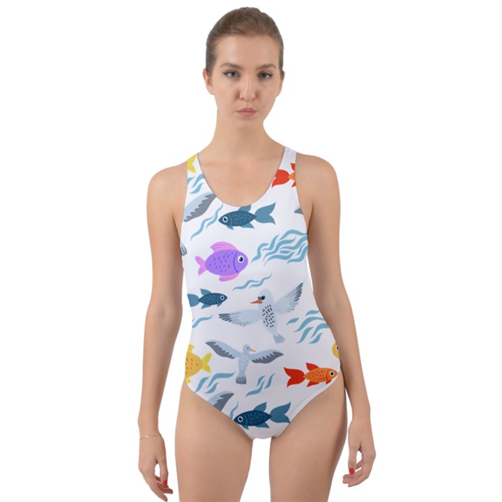 Animal Fish Bird Animals Ocean Pattern Cut-Out Back One Piece Swimsuit