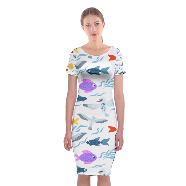 Animal Fish Bird Animals Ocean Pattern Classic Short Sleeve Midi Dress