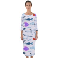 Animal Fish Bird Animals Ocean Pattern Quarter Sleeve Midi Bodycon Dress