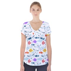 Animal Fish Bird Animals Ocean Pattern Short Sleeve Front Detail Top