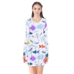 Animal Fish Bird Animals Ocean Pattern Long Sleeve V-neck Flare Dress