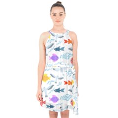 Animal Fish Bird Animals Ocean Pattern Halter Collar Waist Tie Chiffon Dress