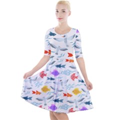 Animal Fish Bird Animals Ocean Pattern Quarter Sleeve A-line Dress by Jancukart