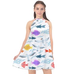 Animal Fish Bird Animals Ocean Pattern Halter Neckline Chiffon Dress  by Jancukart