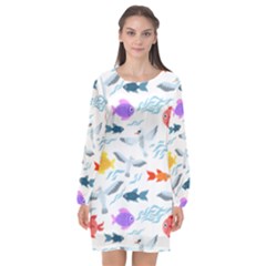 Animal Fish Bird Animals Ocean Pattern Long Sleeve Chiffon Shift Dress  by Jancukart