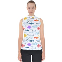 Animal Fish Bird Animals Ocean Pattern Mock Neck Shell Top