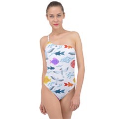 Animal Fish Bird Animals Ocean Pattern Classic One Shoulder Swimsuit by Jancukart