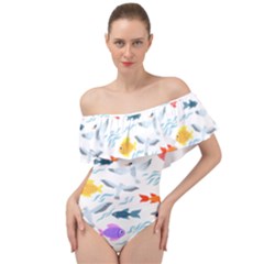 Animal Fish Bird Animals Ocean Pattern Off Shoulder Velour Bodysuit 