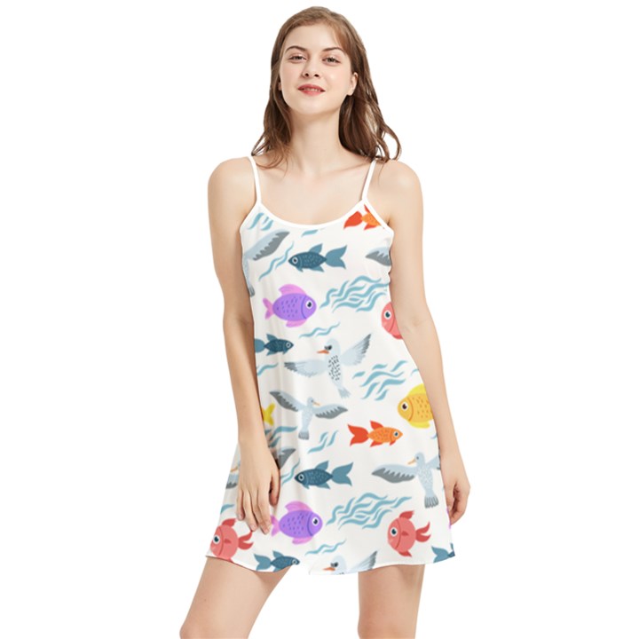 Animal Fish Bird Animals Ocean Pattern Summer Frill Dress