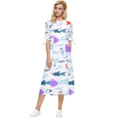 Animal Fish Bird Animals Ocean Pattern Bow Sleeve Chiffon Midi Dress