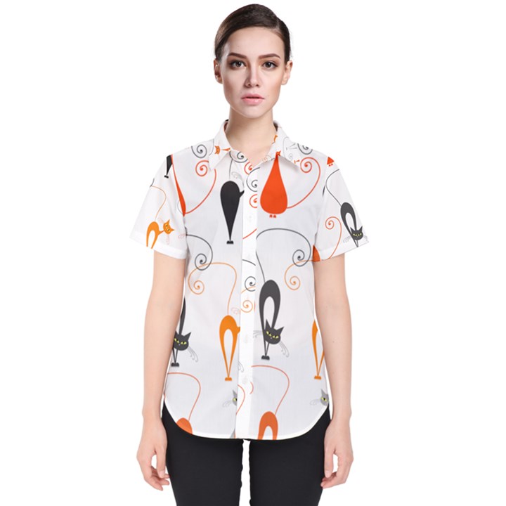 Cartoon Cat Seamless Pattern Graphic Women s Short Sleeve Shirt