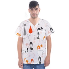 Cartoon Cat Seamless Pattern Graphic Men s V-neck Scrub Top