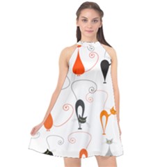 Cartoon Cat Seamless Pattern Graphic Halter Neckline Chiffon Dress 