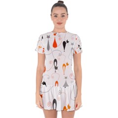 Cartoon Cat Seamless Pattern Graphic Drop Hem Mini Chiffon Dress