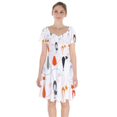 Cartoon Cat Seamless Pattern Graphic Short Sleeve Bardot Dress