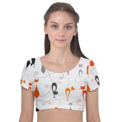 Cartoon Cat Seamless Pattern Graphic Velvet Short Sleeve Crop Top 