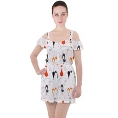 Cartoon Cat Seamless Pattern Graphic Ruffle Cut Out Chiffon Playsuit