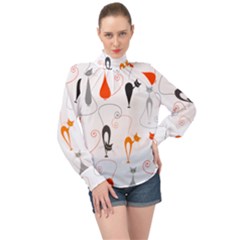 Cartoon Cat Seamless Pattern Graphic High Neck Long Sleeve Chiffon Top