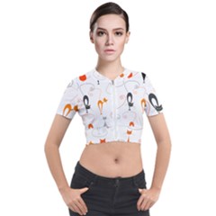 Cartoon Cat Seamless Pattern Graphic Short Sleeve Cropped Jacket