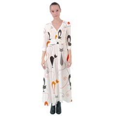 Cartoon Cat Seamless Pattern Graphic Button Up Maxi Dress