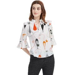 Cartoon Cat Seamless Pattern Graphic Loose Horn Sleeve Chiffon Blouse