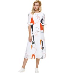 Cartoon Cat Seamless Pattern Graphic Bow Sleeve Chiffon Midi Dress