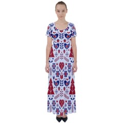 Scandinavian Folk Seamless Pattern High Waist Short Sleeve Maxi Dress