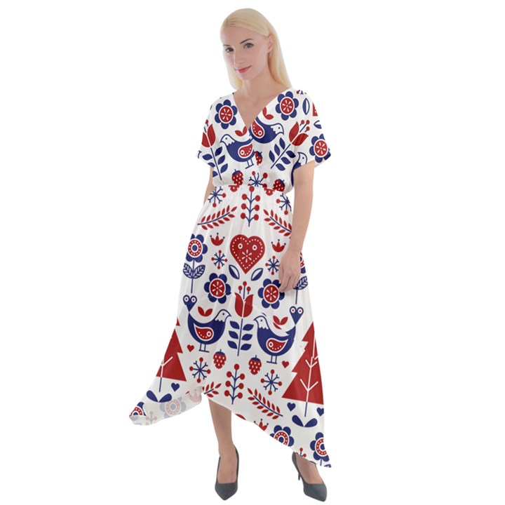 Scandinavian Folk Seamless Pattern Cross Front Sharkbite Hem Maxi Dress