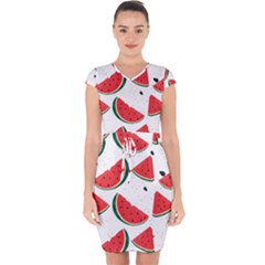 Watermelon Seamless Pattern Capsleeve Drawstring Dress 