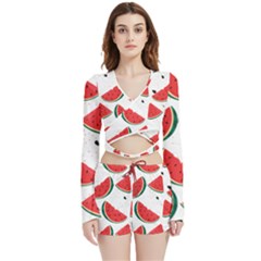 Watermelon Seamless Pattern Velvet Wrap Crop Top And Shorts Set