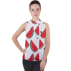 Watermelon Seamless Pattern Mock Neck Chiffon Sleeveless Top