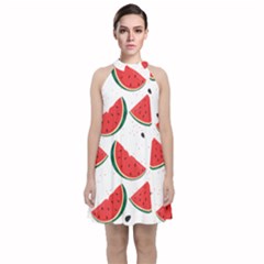 Watermelon Seamless Pattern Velvet Halter Neckline Dress 