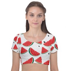 Watermelon Seamless Pattern Velvet Short Sleeve Crop Top 