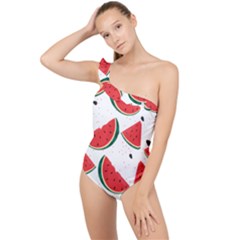 Watermelon Seamless Pattern Frilly One Shoulder Swimsuit