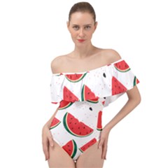 Watermelon Seamless Pattern Off Shoulder Velour Bodysuit 