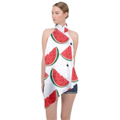 Watermelon Seamless Pattern Halter Asymmetric Satin Top