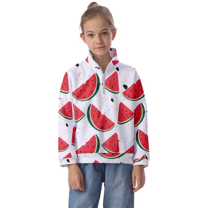 Watermelon Seamless Pattern Kids  Half Zip Hoodie