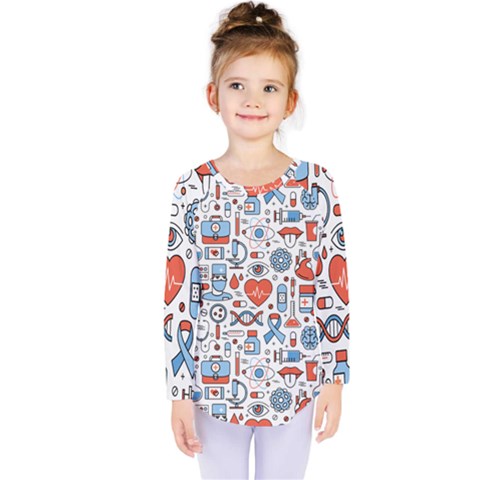 Medical Icons Square Seamless Pattern Kids  Long Sleeve Tee by Jancukart