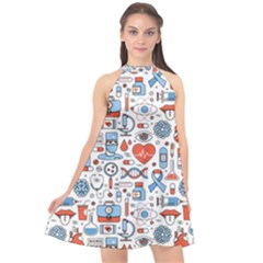 Medical Icons Square Seamless Pattern Halter Neckline Chiffon Dress 