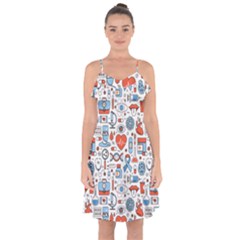 Medical Icons Square Seamless Pattern Ruffle Detail Chiffon Dress