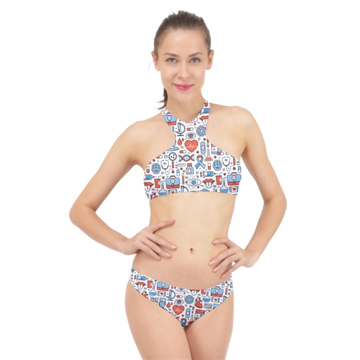 Medical Icons Square Seamless Pattern High Neck Bikini Set