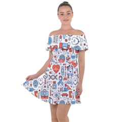 Medical Icons Square Seamless Pattern Off Shoulder Velour Dress