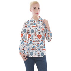 Medical Icons Square Seamless Pattern Women s Long Sleeve Pocket Shirt