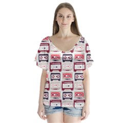 Cassettes Seamless Pattern V-neck Flutter Sleeve Top