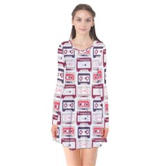 Cassettes Seamless Pattern Long Sleeve V-neck Flare Dress