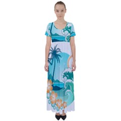 Paradise Heaven Holiday Beach Orange Ocean High Waist Short Sleeve Maxi Dress