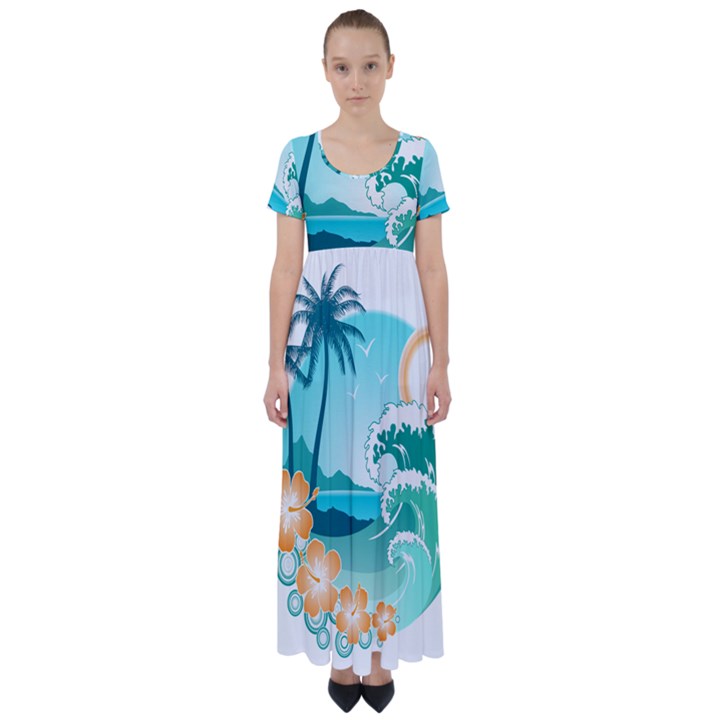 Paradise Heaven Holiday Beach Orange Ocean High Waist Short Sleeve Maxi Dress