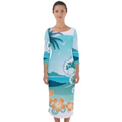 Paradise Heaven Holiday Beach Orange Ocean Quarter Sleeve Midi Bodycon Dress