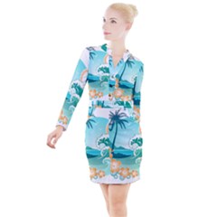 Paradise Heaven Holiday Beach Orange Ocean Button Long Sleeve Dress