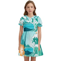 Paradise Heaven Holiday Beach Orange Ocean Kids  Bow Tie Puff Sleeve Dress